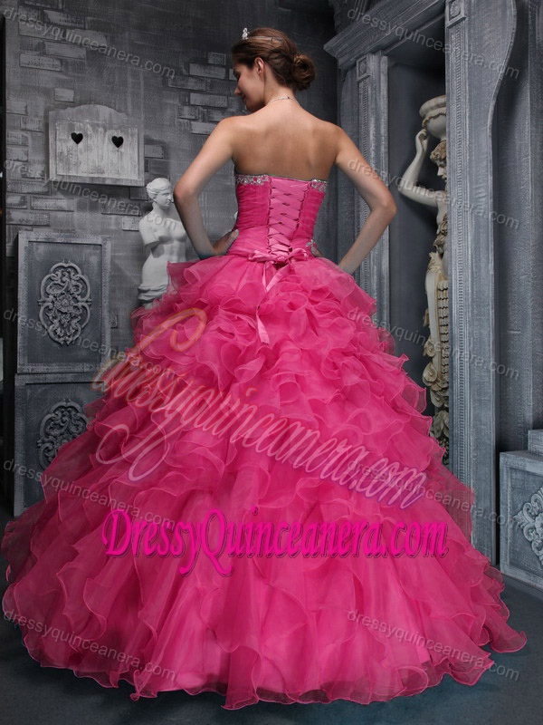 Ruched Sweetheart Hot Pink Organza Quinceanera Dresses with Appliques and Ruffles