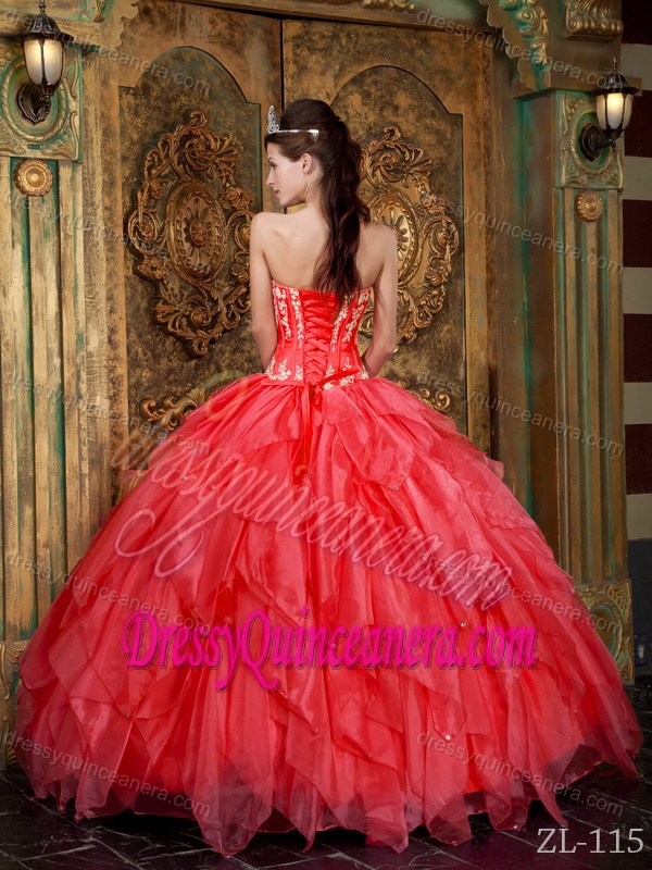 Gorgeous Strapless Appliqued Organza Quinceanera Gowns in Coral Red
