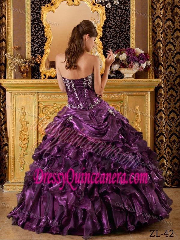 Dark Purple Sweetheart Ruffled Dresses for Quince in Organza on Sale