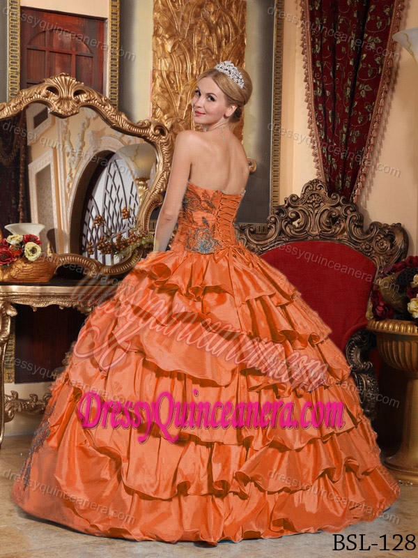 Orange Strapless Taffeta Appliqued Quinceanera Dresses with Ruffles