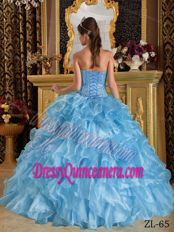 Blue Sweetheart Beaded Organza Quinceanera Dresses with Ruffled Layers