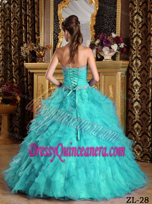 Appliqued Sweetheart Aqua Blue Organza Quinceanera Gowns with Appliques