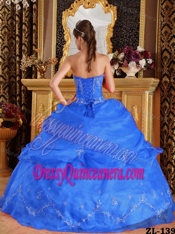Blue Strapless Organza Appliqued Quinceanera formal Gowns for Cheap