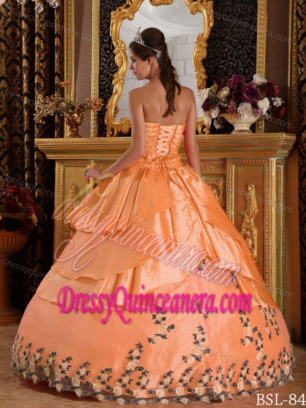 Sweetheart Orange Floor-length Taffeta Sweet 15 Quinceanera Dress with Appliques