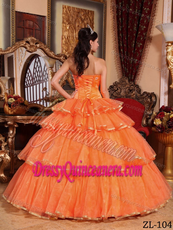 Strapless Orange Red Organza Beaded Quinceanera Dress with Layers and Bowknot