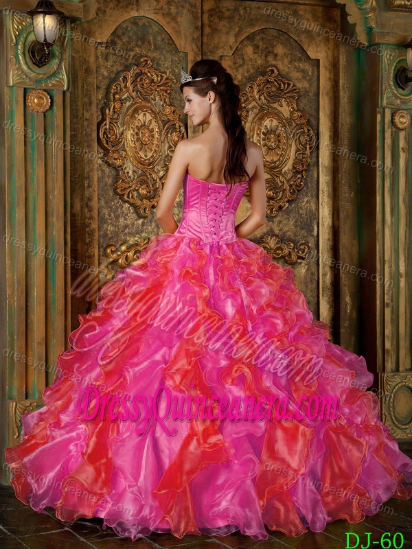 2014 Hot Pink and Orange Appliqued Quinceanera Gown Dress with Ruffles in Fashion