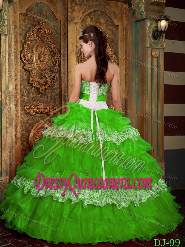 Strapless Zebra and Spring Green Organza Sweet Sixteen Dress with Layers for Cheap