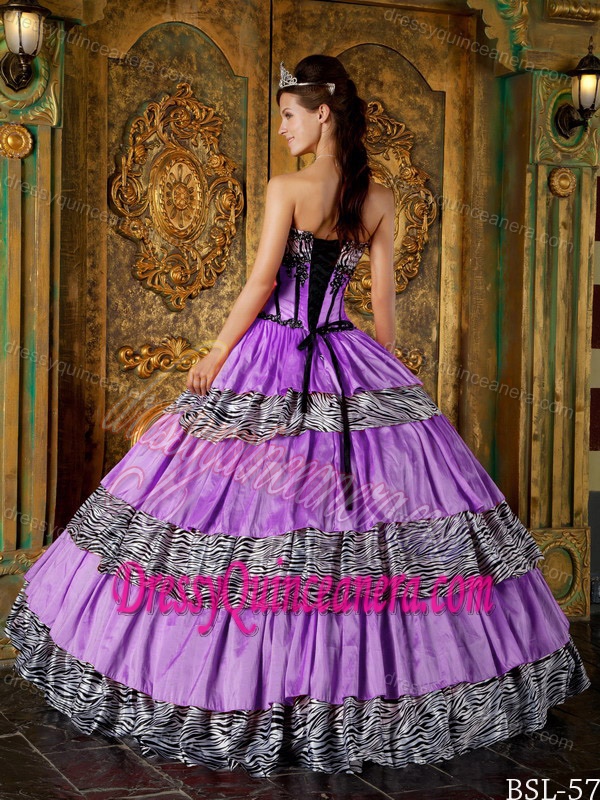 Sweetheart Lavender Taffeta and Zebra Quinceanera Dress with Appliques and Layers