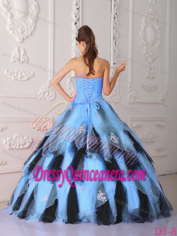 Top Blue and Black Organza Layered Quinceanera Dress with Appliques and Beading