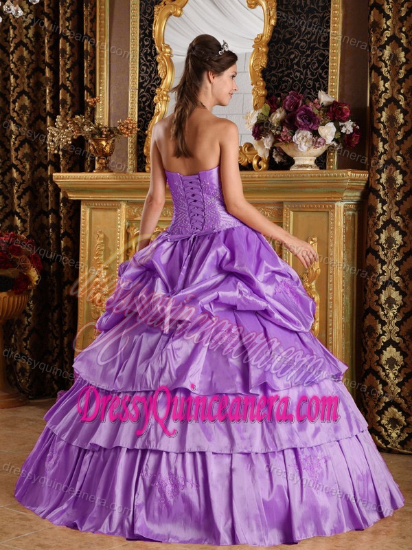 Lavender Strapless Taffeta Layered Sweet Sixteen Dresses with Pick-ups and Beading