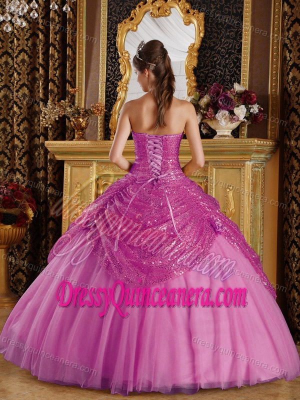 Sweetheart Rose Pink Organza and Sequin Quinceanera Dress with Pick-ups on Sale