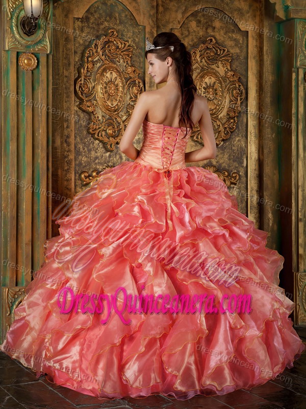 Orange Red Strapless Ball Gown Beaded Quinceanera Dress with Ruffles and Flowers