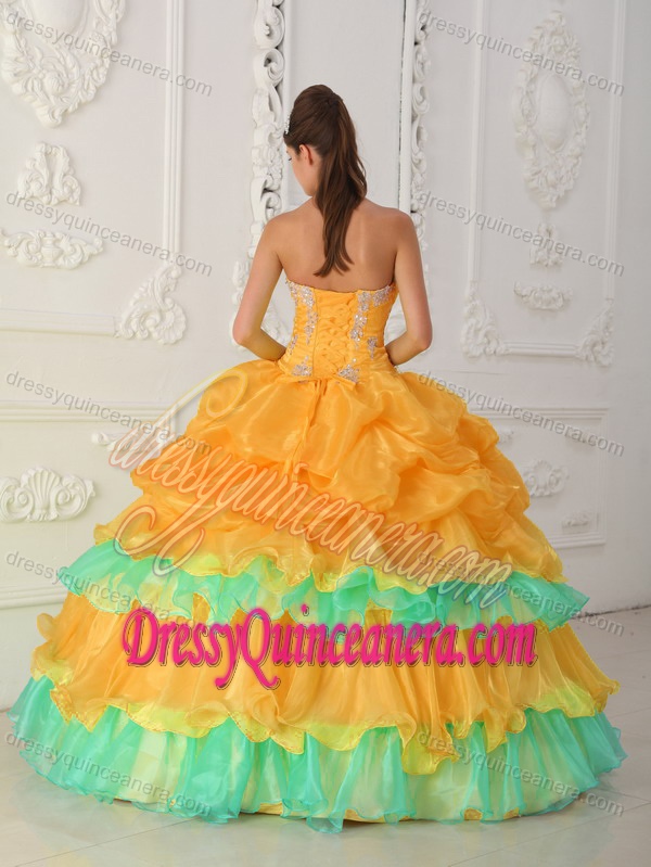 Orange and Green Strapless Appliqued Organza Quinceanera Dresses with Pick-ups