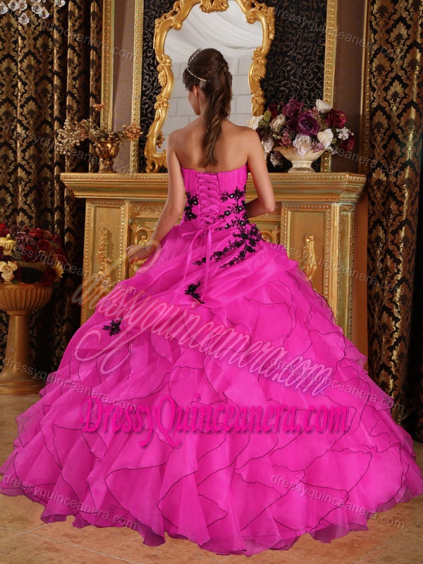 Hot Pink Sweetheart Ball Gown Quinceanera Dress with Ruffles and Appliques on Sale