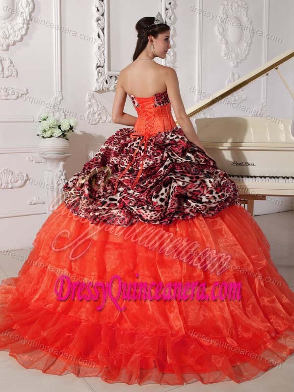 Best Sweetheart Brush Train Leopard and Orange Quinceanera Dresses with Pick-ups