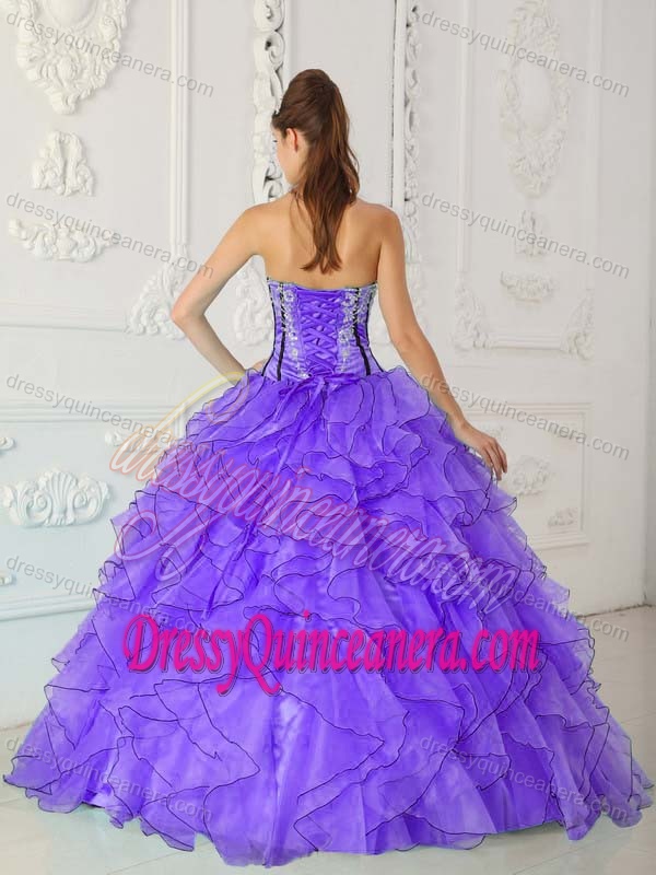 Purple Sweetheart Floor-length Organza Ruffled Quinceanera Dress with Appliques