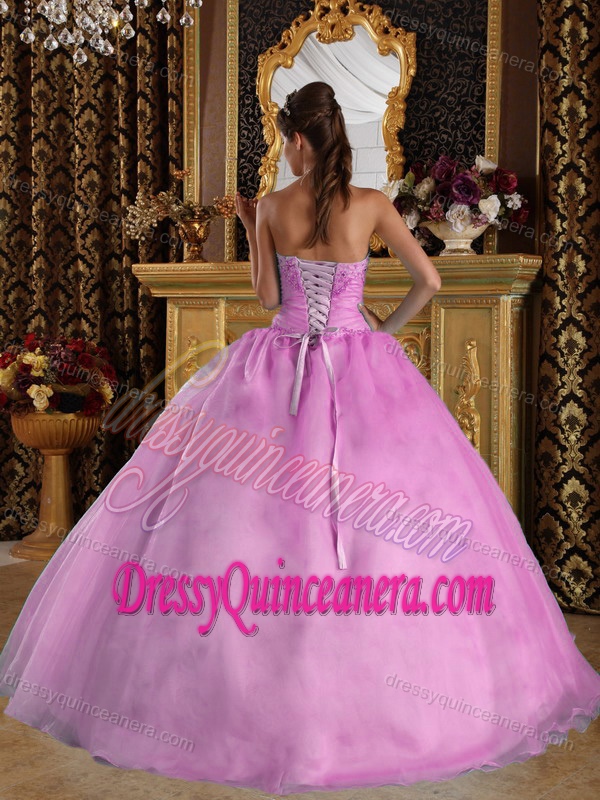Lavender Strapless Ball Gown Organza Quinceanera Dress with Appliques for Cheap