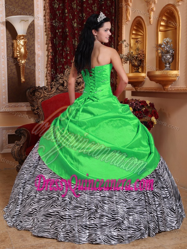 Beaded Sweetheart Spring Green Taffeta and Zebra Quinceanera Dress with Flowers
