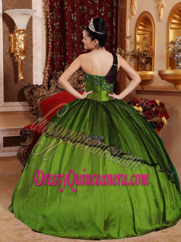 One-shoulder Olive Green Appliqued Taffeta Quinceanera Gown Dress with Beading