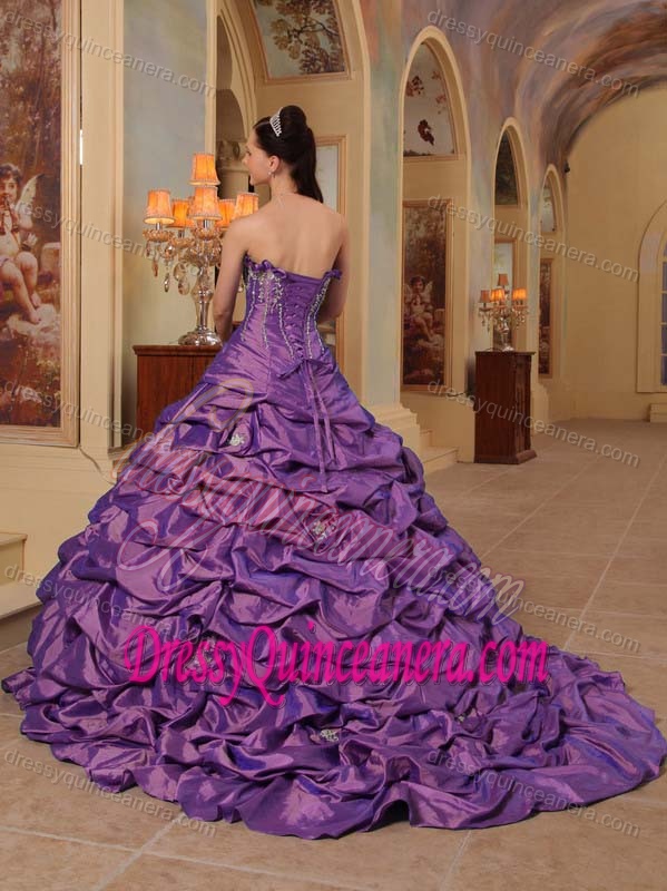 Strapless Purple Brush Train Taffeta Quinceanera Dress with Pick-ups and Appliques