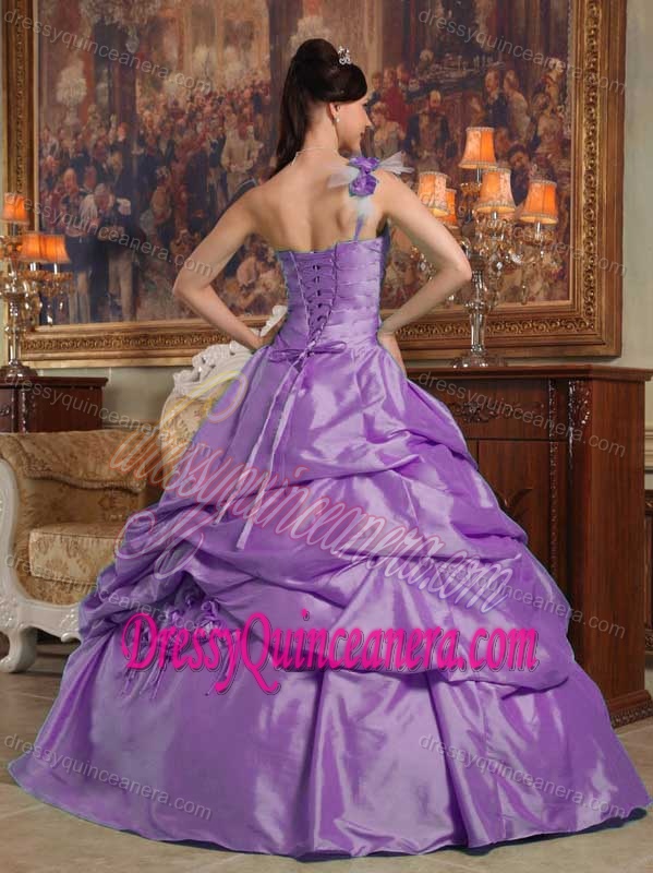 One-shoulder Lavender Taffeta Quinceanera Dress with Pick-ups and Flowers on Sale