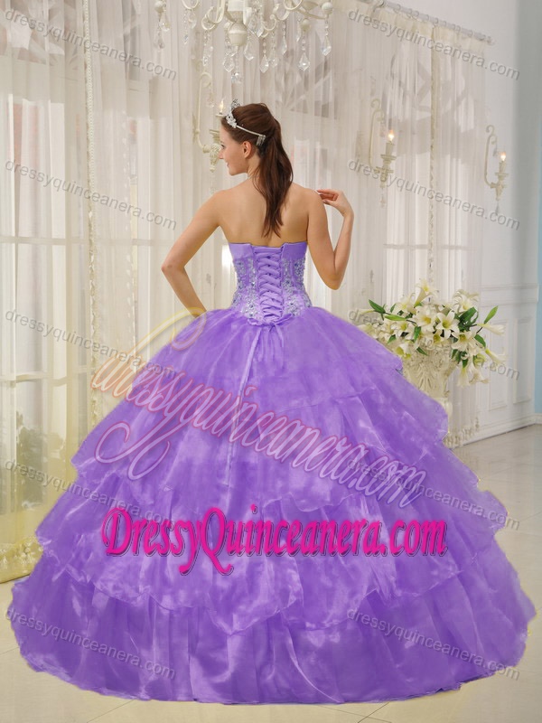 Lavender Strapless Layered Beaded Organza Quinceanera Gown Dress with Flowers