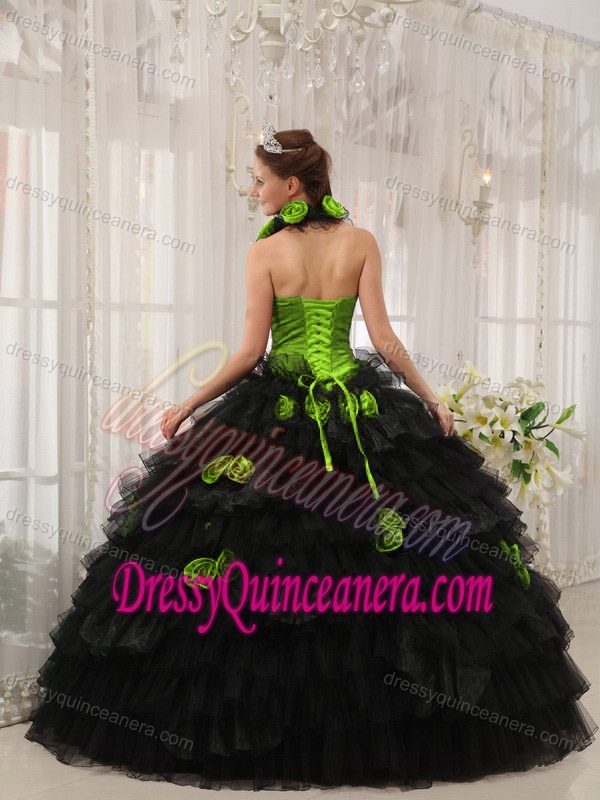 Halter Spring Green and Black Ball Gown Quinceanera Dress with Flowers and Ruffles