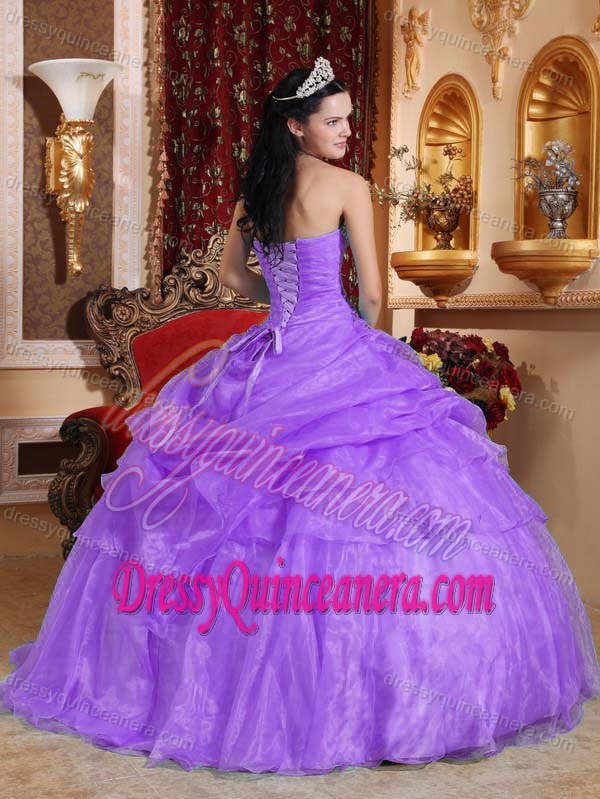 Lavender Strapless Ball Gown Organza Quinceanera Dress with Beading and Pick-up