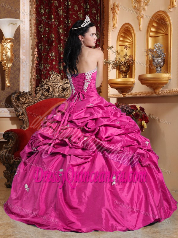 Hot Pink Strapless Ball Gown Taffeta Quinceanera Dress with Pick-ups and Appliques