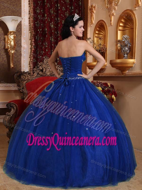 Exclusive Royal Blue Strapless Beaded Ball Gown Quinceanera Dresses with Flower