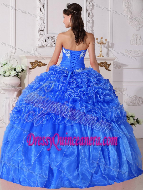 Sky Blue Strapless Floor-length Organza Appliqued Quinceanera Dress with Ruffles