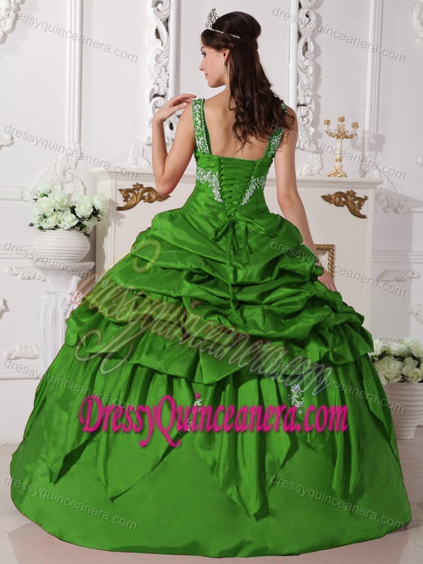 New Scoop Green Ball Gown Taffeta Quinceanera Dress with Pick-ups and Appliques