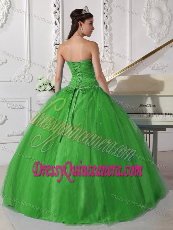 Spring Green Strapless Ball Gown Tulle Quinceanera Dress with Appliques for Cheap