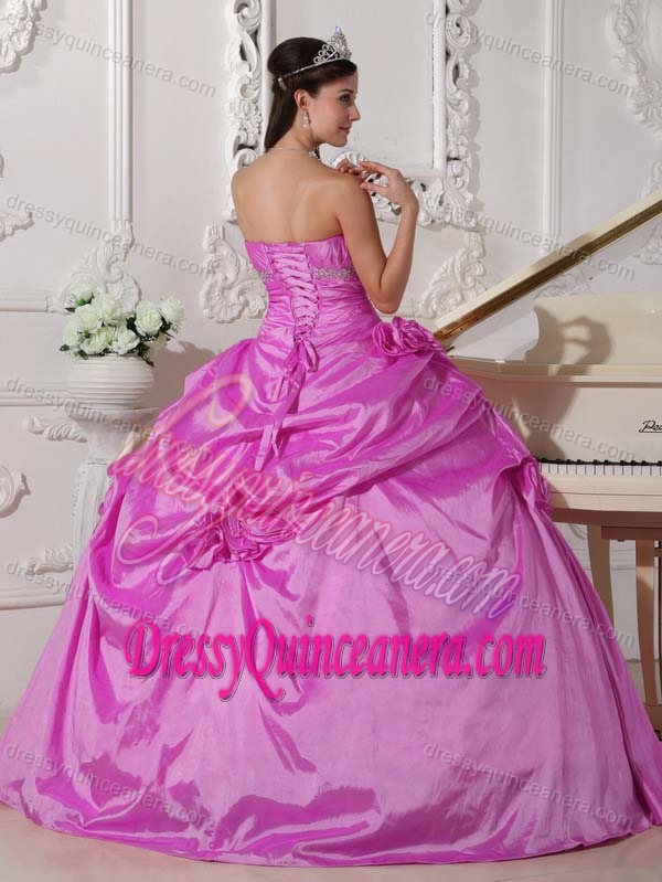 Rose Pink Sweetheart Taffeta Beaded Quinceanera Dress with Pick-ups and Flowers