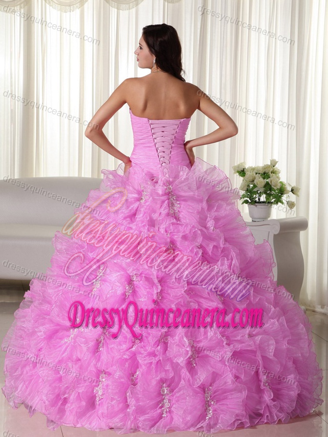 Pink Strapless Ball Gown Ruched Organza Appliqued Quinceanera Dress with Ruffles