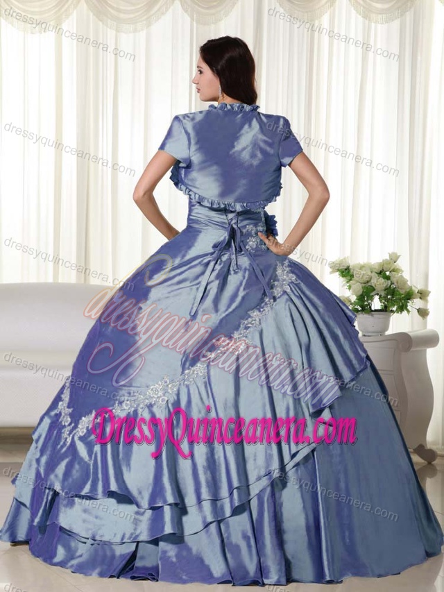 Bright Blue Strapless Ball Gown Taffeta Quinceanera Dress with Appliques and Jacket