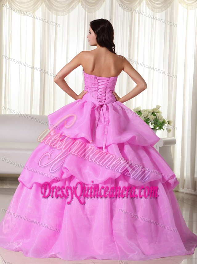 Rose Pink Strapless Appliqued Organza Quinceanera Dress with Pick-ups and Jacket