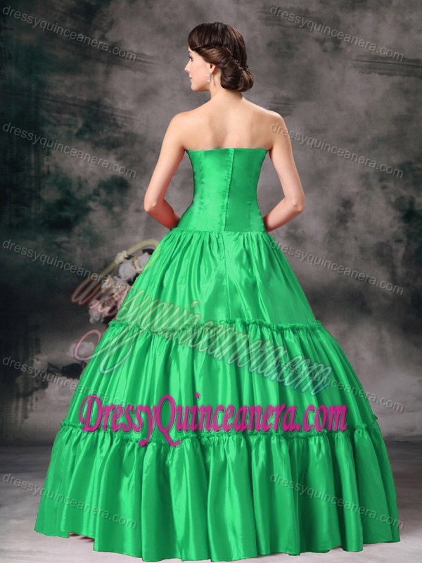 Simple Green Strapless Ball Gown Taffeta Ruched Quinceanera Dress on Promotion