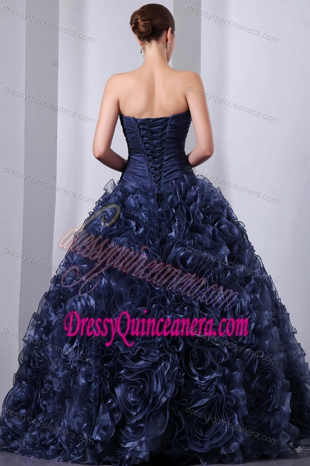 Navy Blue Strapless Ball Gown Organza Quinceanera Dress with Ruffles and Beading