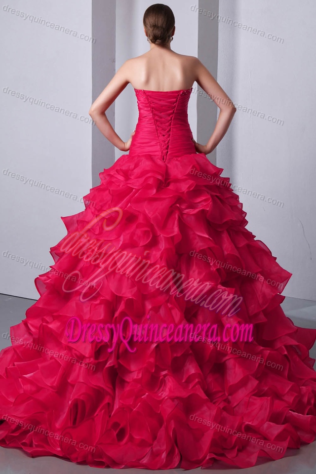 New Coral Red Sweetheart Ball Gown Ruched Beaded Quinceanera Dress with Ruffles