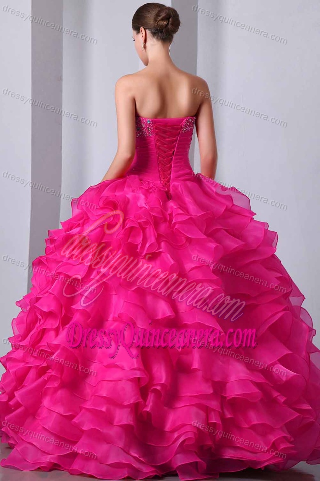 Hot Pink Sweetheart Ball Gown Organza Quinceanera Dress with Ruffles and Beading