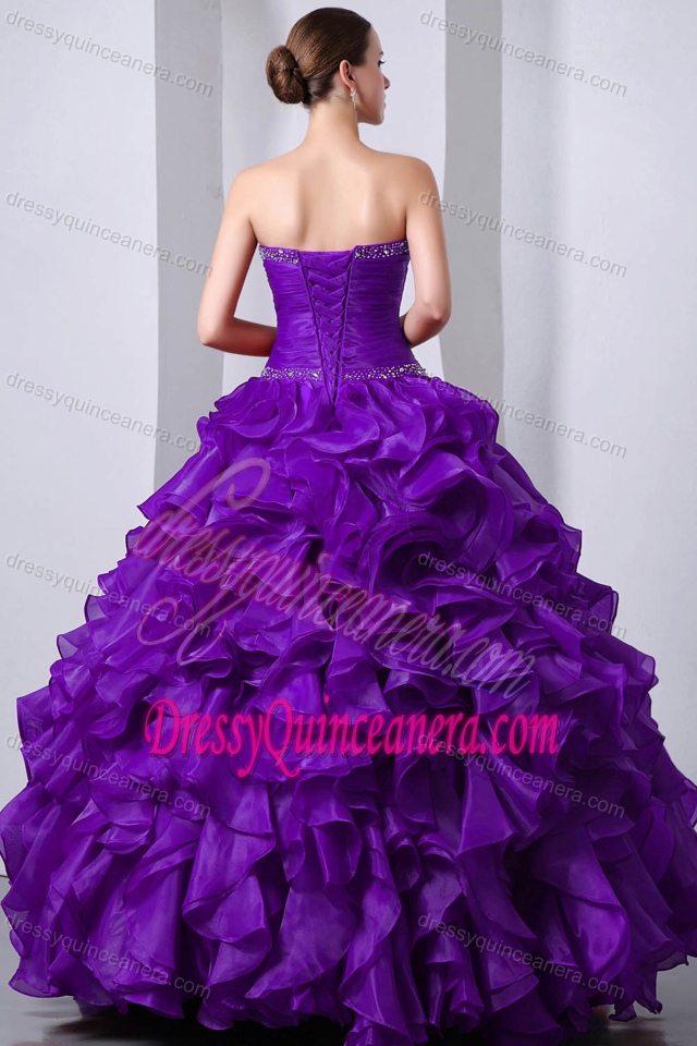 Unique Eggplant Purple Sweetheart Organza Beaded Quinceanera Dress with Ruffles