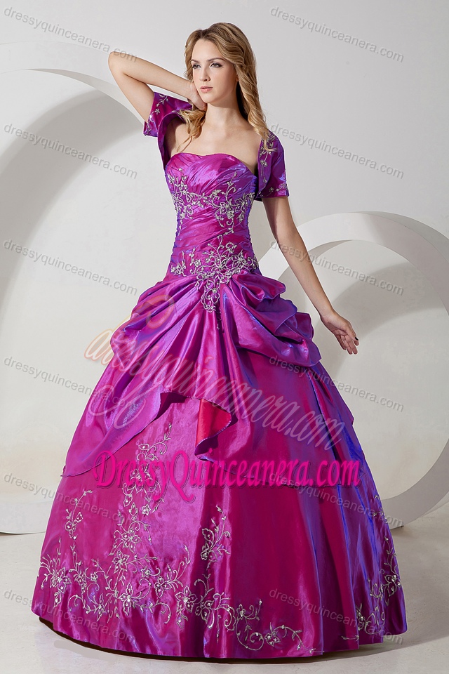 Chic Fuchsia Strapless Ball Gown Quinceanera Dress with Embroidery and Pick-ups