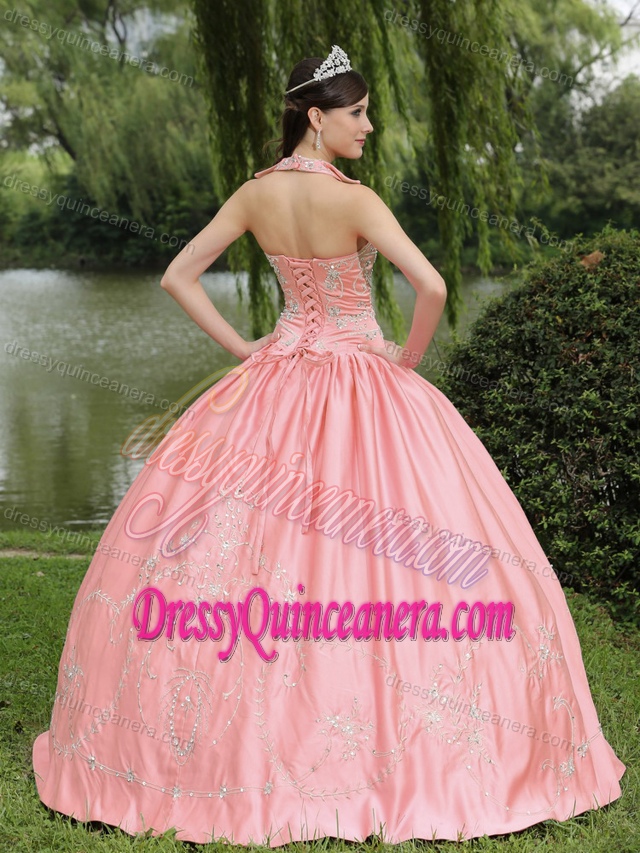 Custom Made Halter Rose Pink Ball Gown Quinceanera Dress with Appliques on Sale