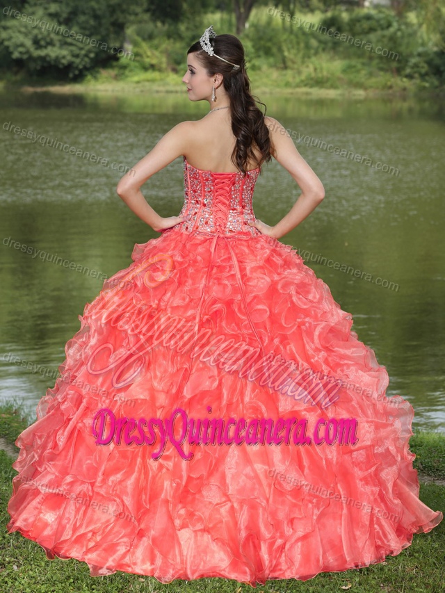 Orange Sweetheart Ball Gown Organza Quinceanera Dress with Beading and Ruffles