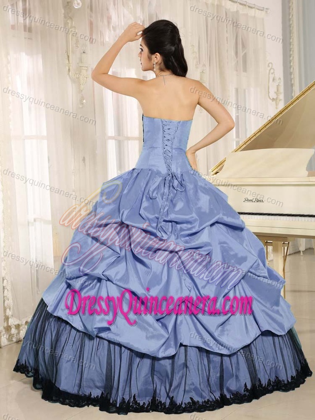 Blue Taffeta and Black Tulle Strapless Quinceanera Dresses with Pick-ups for Cheap