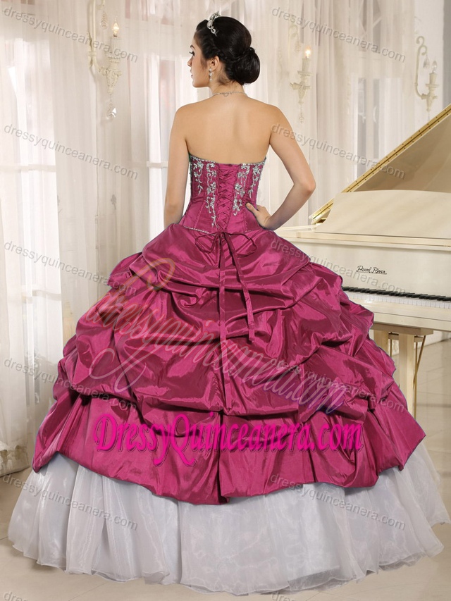 Sweetheart Ball Gown Wine Red White Appliqued Quinceanera Dresses with Pick-ups