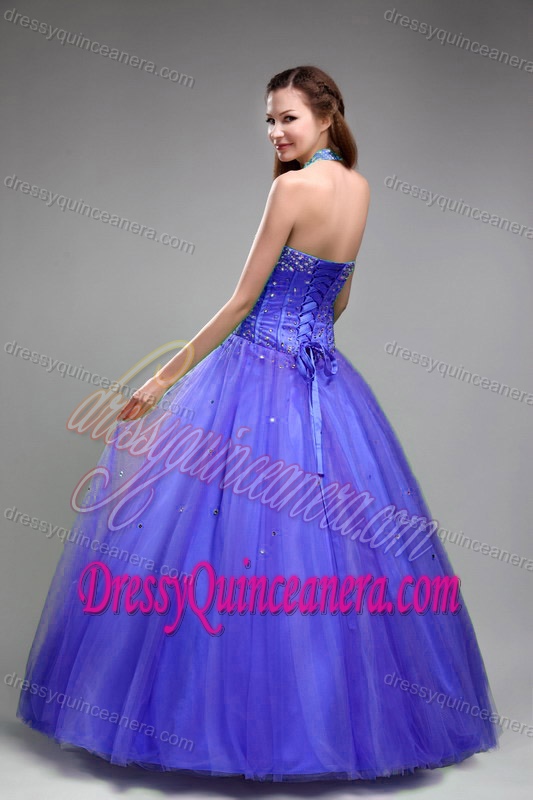 Bolled Detail Floor-length Tulle Beaded Sweet Sixteen Dresses with Halter