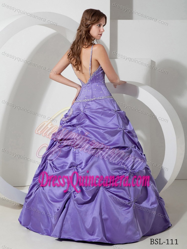 A-line Spaghetti Taffeta Beaded Wonderful Sweet Sixteen Dresses in Lilac