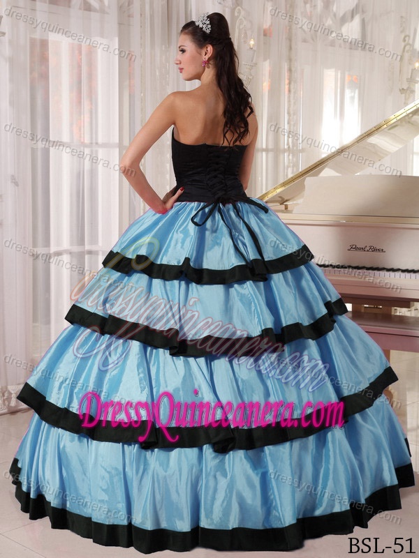 Exquisite Strapless Taffeta Long Quinceaneras Dresses in Blue and Black